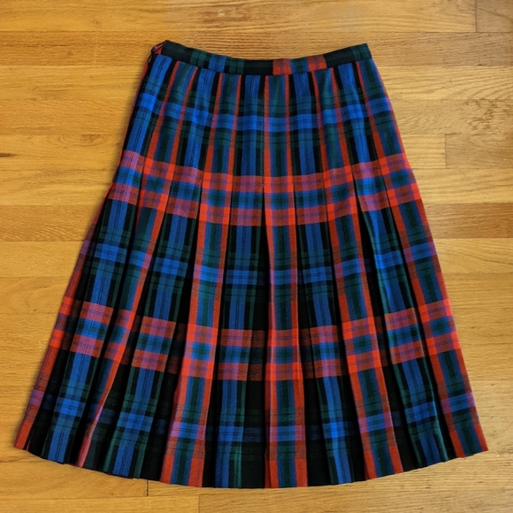 Al Jean Wool Vintage Midi Pleated Skirt in Blue Red Green Black - Picture 9 of 11